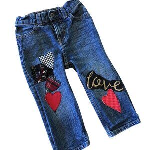 Toddler Patchwork Jeans Handmade Heart & Love Patches, Size 12 - 18 months